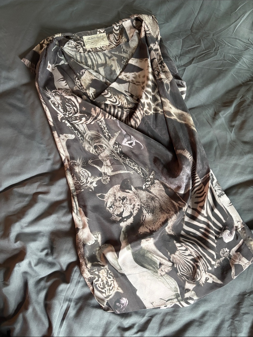 All Saints Black and Beige Animal Print Cowl Neck Tank